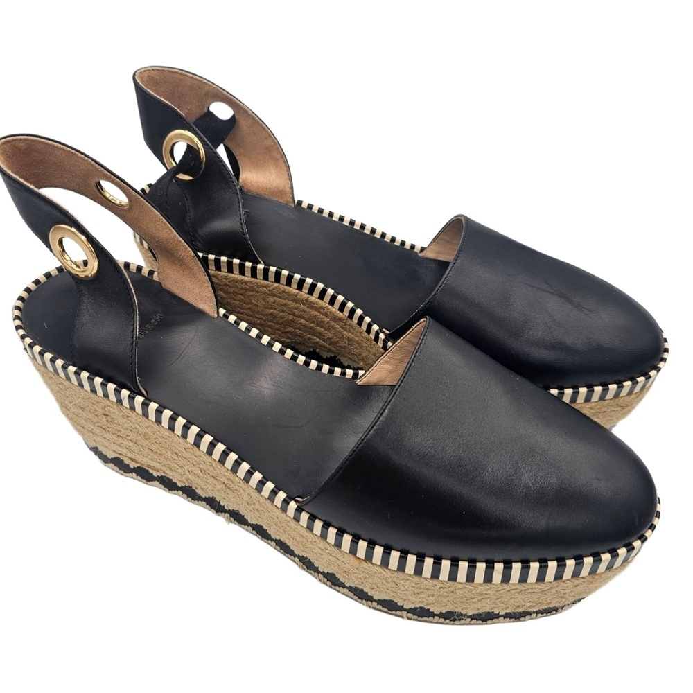Tory Burch Black Espadrille Wedge Sandals Leather Jute Trim Size 10 - Picture 2 of 12